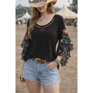 Boho Embroidered Mesh Bell Sleeve Blouse Floral Beaded Sheer‎ Cottagecore XS S